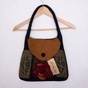 Rising Tide Shoulder Bag Womens OS Black Felted Wool Floral Handmade Nepal New